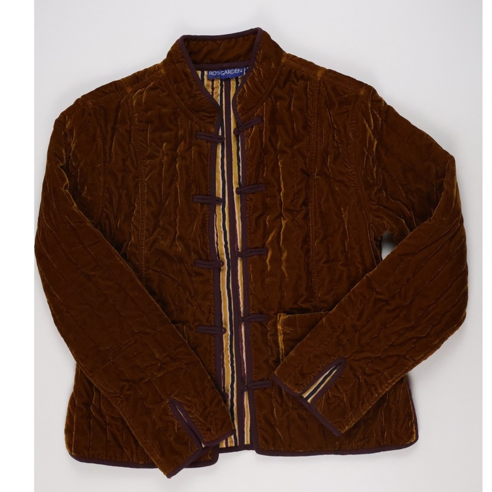 Ro's Garden Quilted Velvet Jacket Mandarin Collar Brown XS